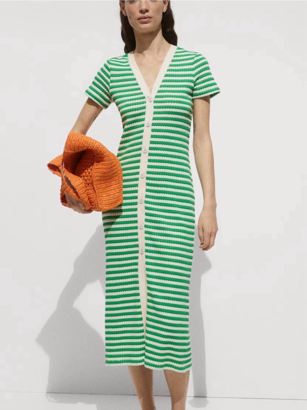 Mango Green and White Striped Knit Top